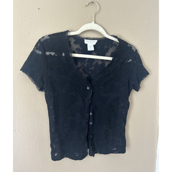 Vintage 90s Express Floral Lace Whimsical Goth Button Up Short Sleeve Sheer S/M - Picture 1 of 9